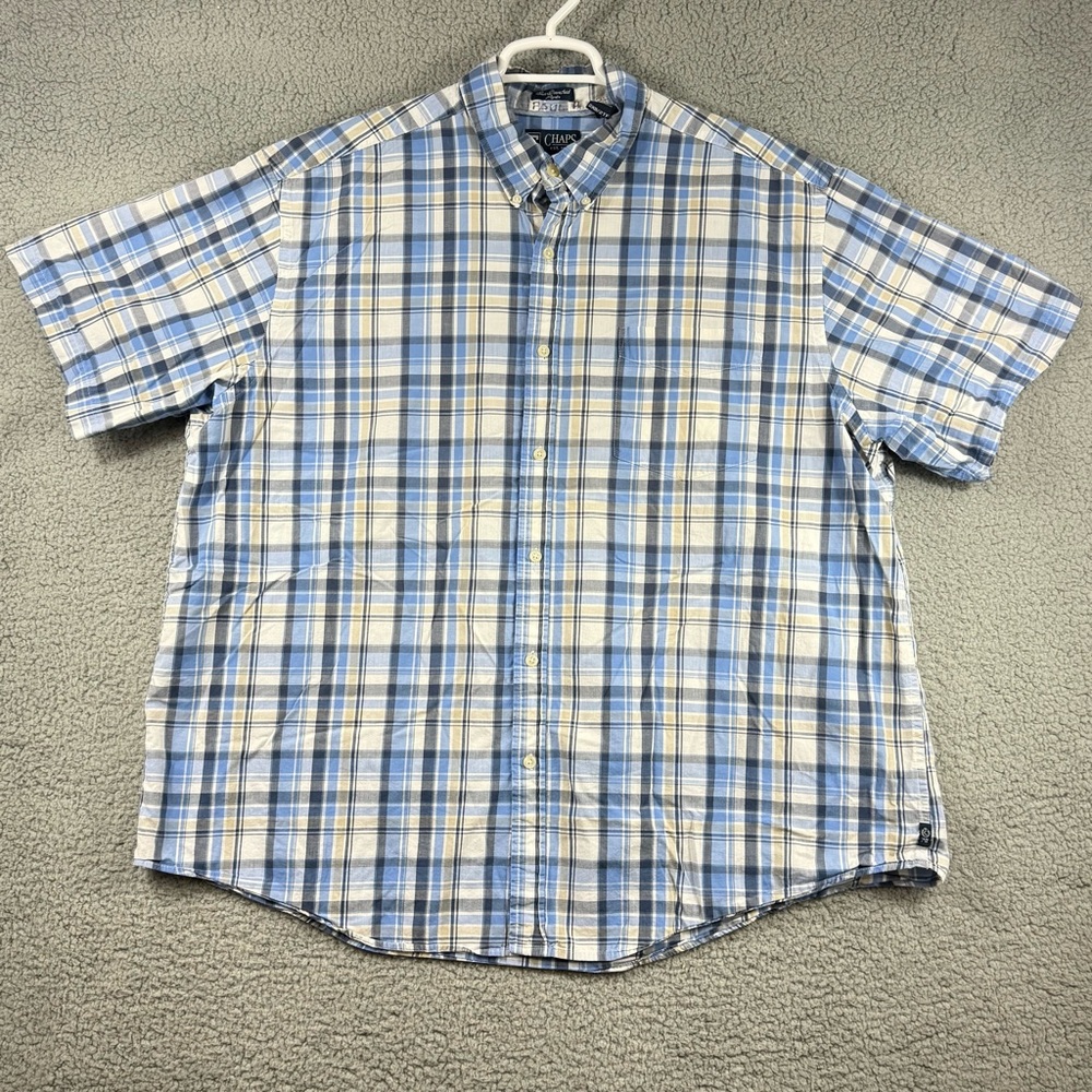 Chaps Short‎ Sleeve Plaid Button-Down Shirt - Light Blue & White